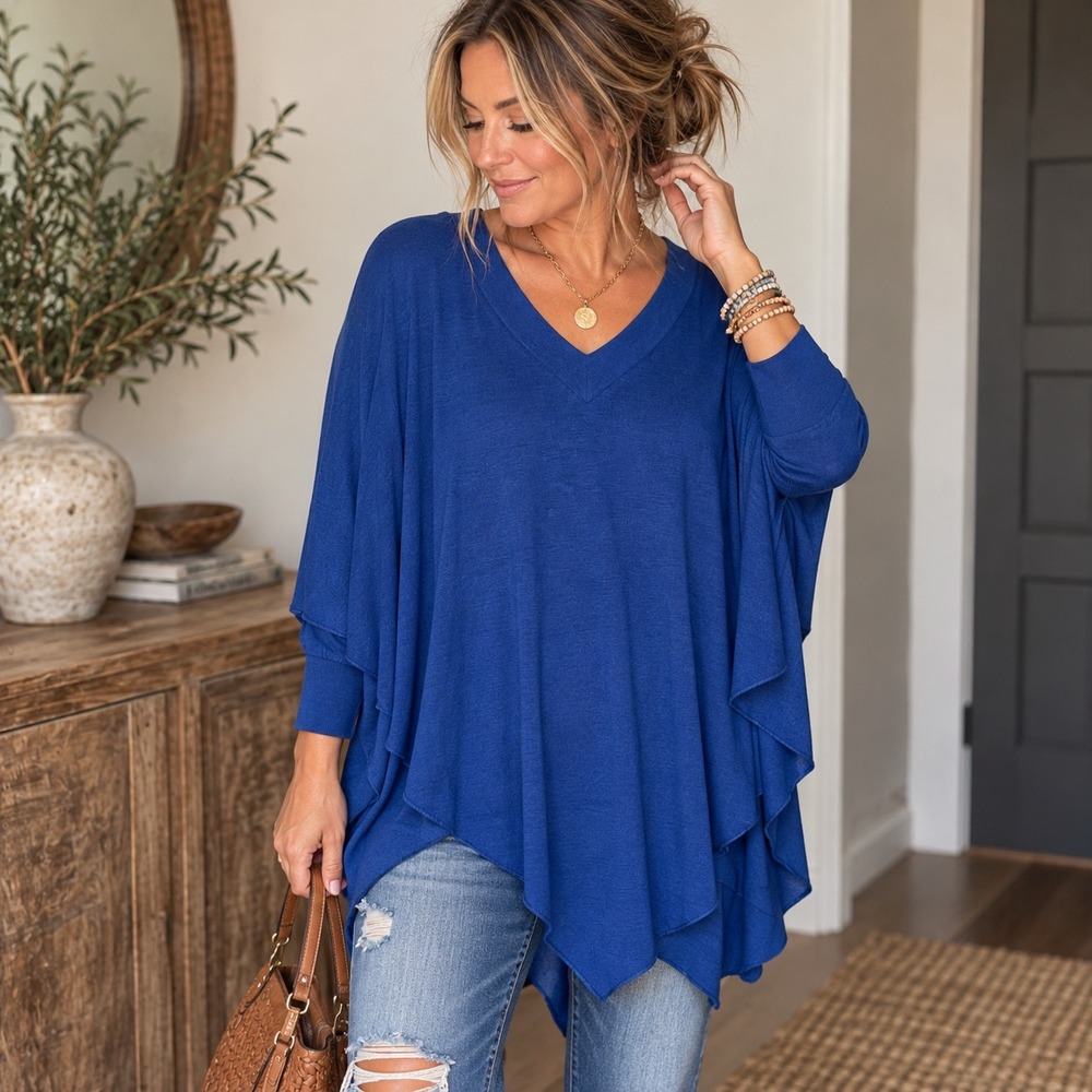 Soft Surroundings Blue Asymmetrical Poncho Tunic Top Women's Large Layered artsy
